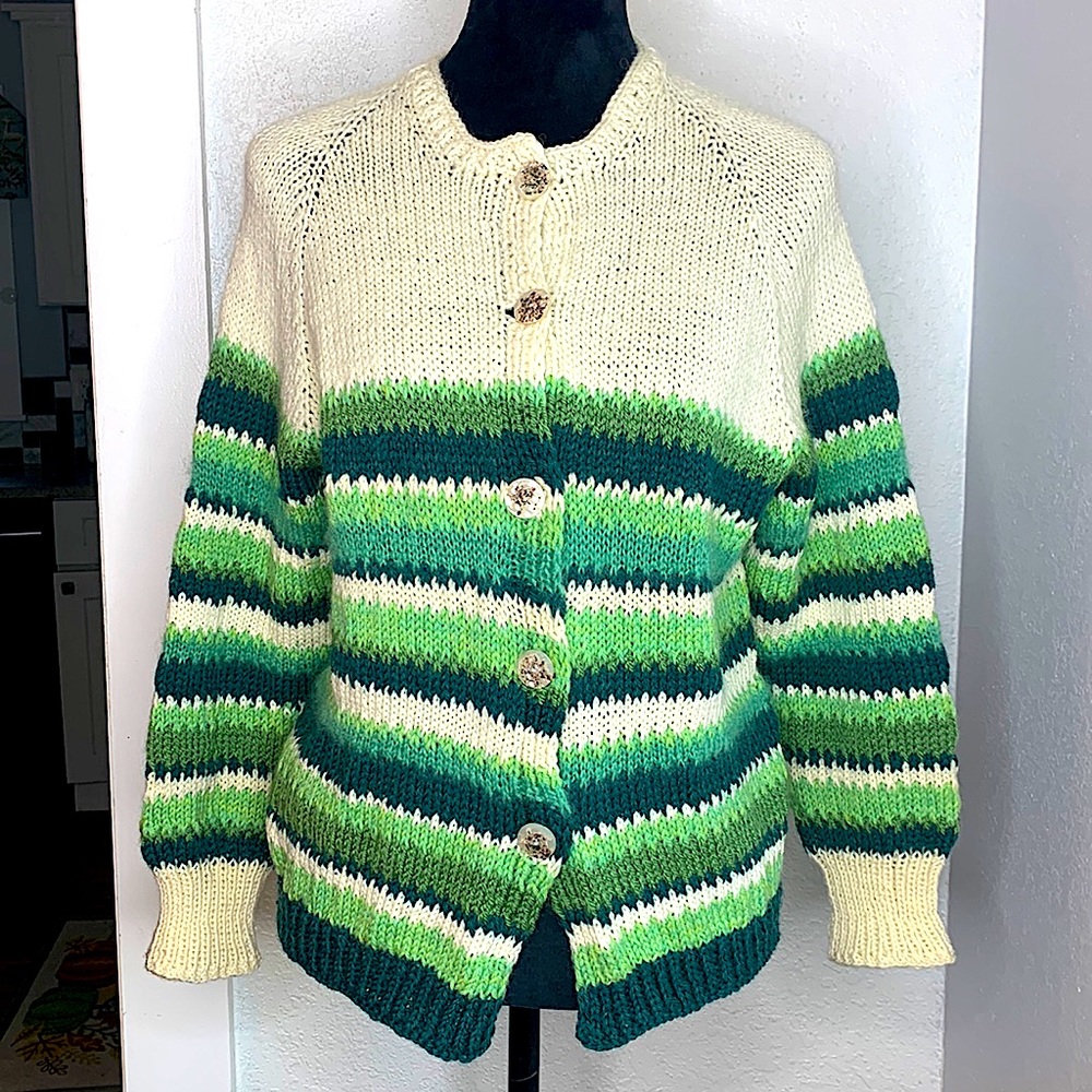 Hand knit 100% Wool White Green Striped Chunky Knit Cardigan Sweater